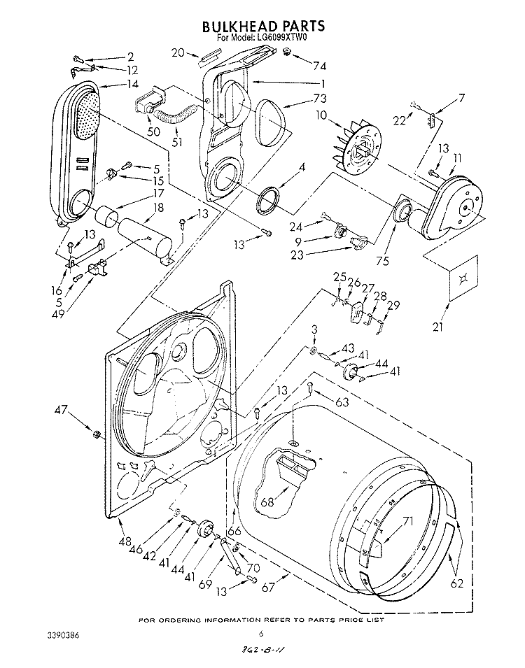 BULKHEAD Diagram and Parts List for LG6099XTW0  Whirlpool Dryer