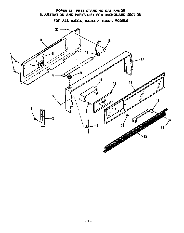 Backguard Diagram and Parts List for 1643*0A  Roper Range