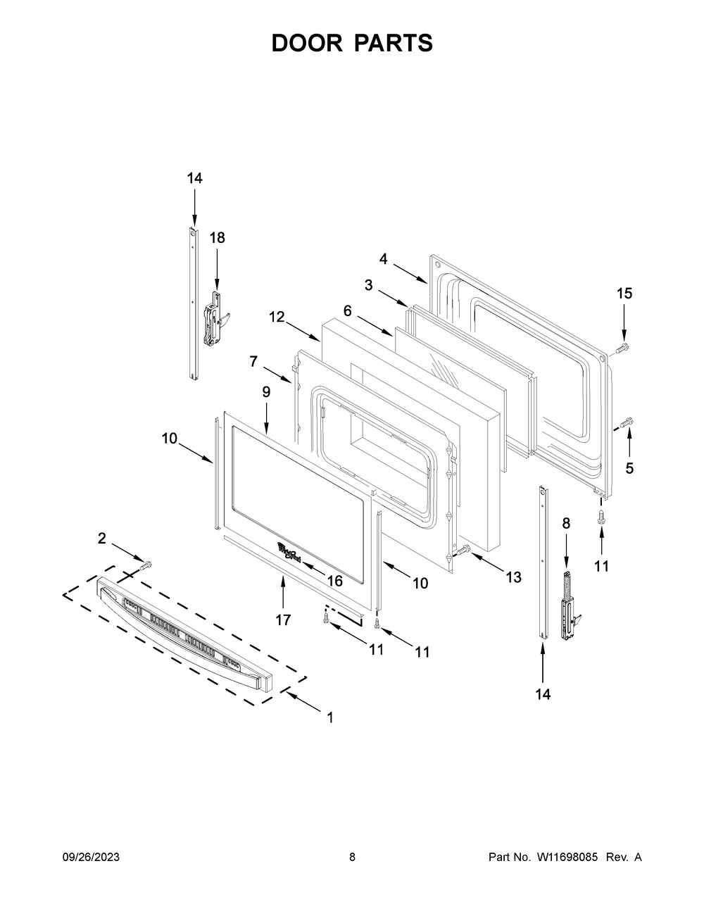 Door Parts Diagram and Parts List for WFE535S0LS3  Whirlpool Range