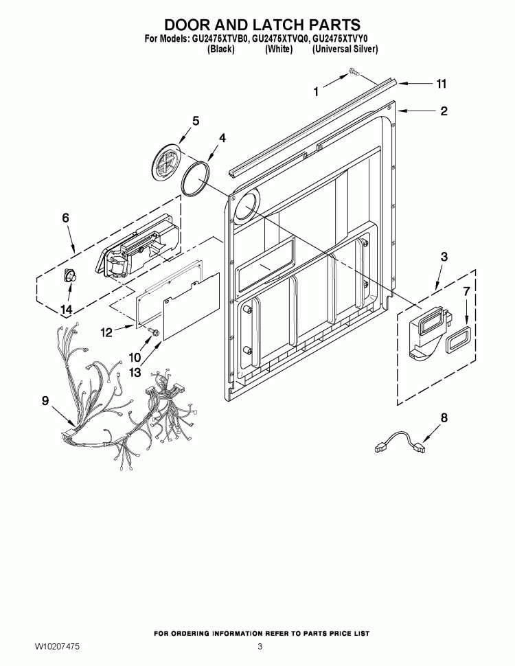 DOOR AND LATCH PARTS Diagram and Parts List for GU2475XTVB0  Whirlpool Dishwasher