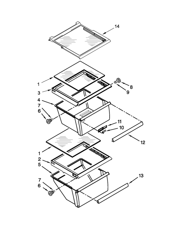 Refrigerator Shelf Parts Diagram and Parts List for 7WRS22FDBW00  Whirlpool Refrigerator
