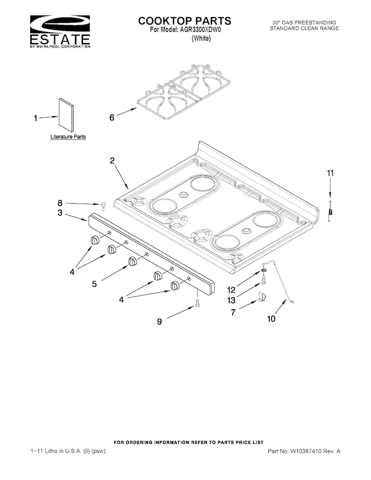 Cooktop Parts Diagram and Parts List for AGR3300XDW0  Estate Range