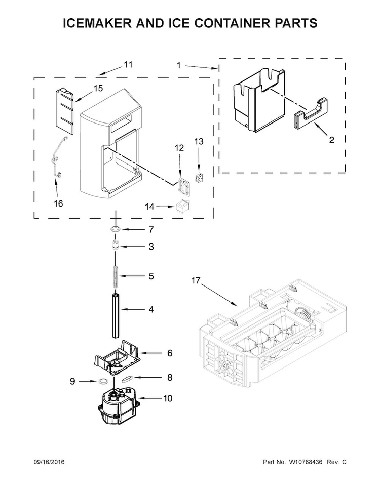 Icemaker And Ice Container Parts Diagram and Parts List for 10651762510  Kenmore Refrigerator