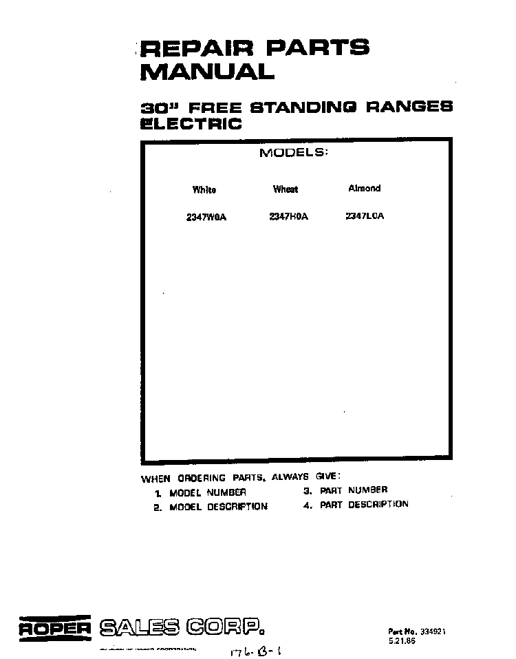 Cover Page Diagram and Parts List for 2347*0A  Roper Range
