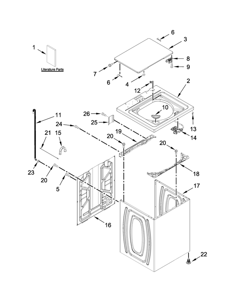 Top And Cabinet Parts Diagram and Parts List for 2DWTW4705EW0  Whirlpool Washer