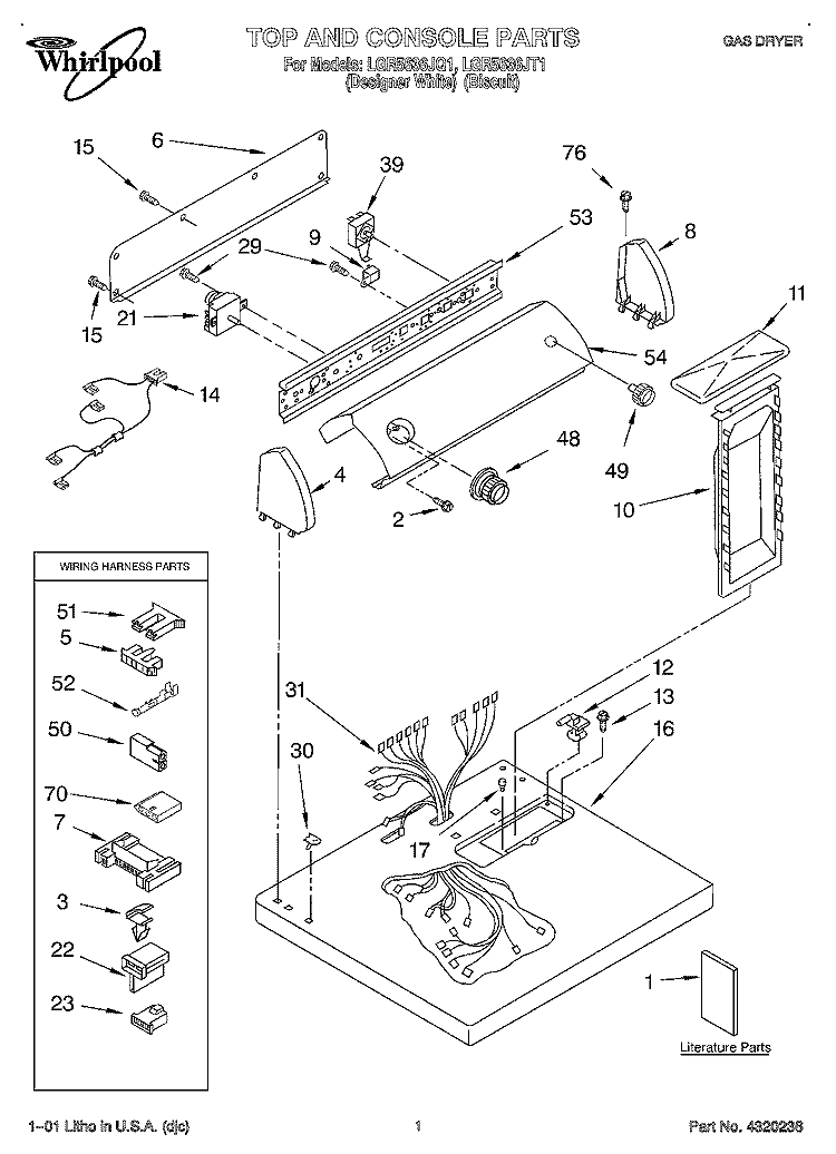 TOP AND CONSOLE, LIT/OPTIONAL Diagram and Parts List for LGR5636JQ1  Whirlpool Dryer