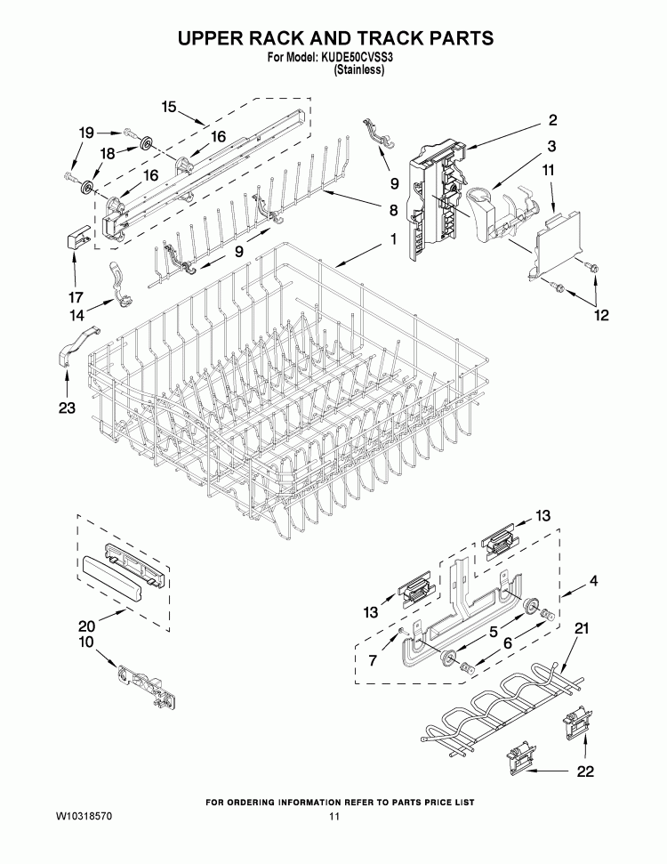 UPPER RACK AND TRACK PARTS Diagram and Parts List for KUDE50CVSS3  KitchenAid Dishwasher