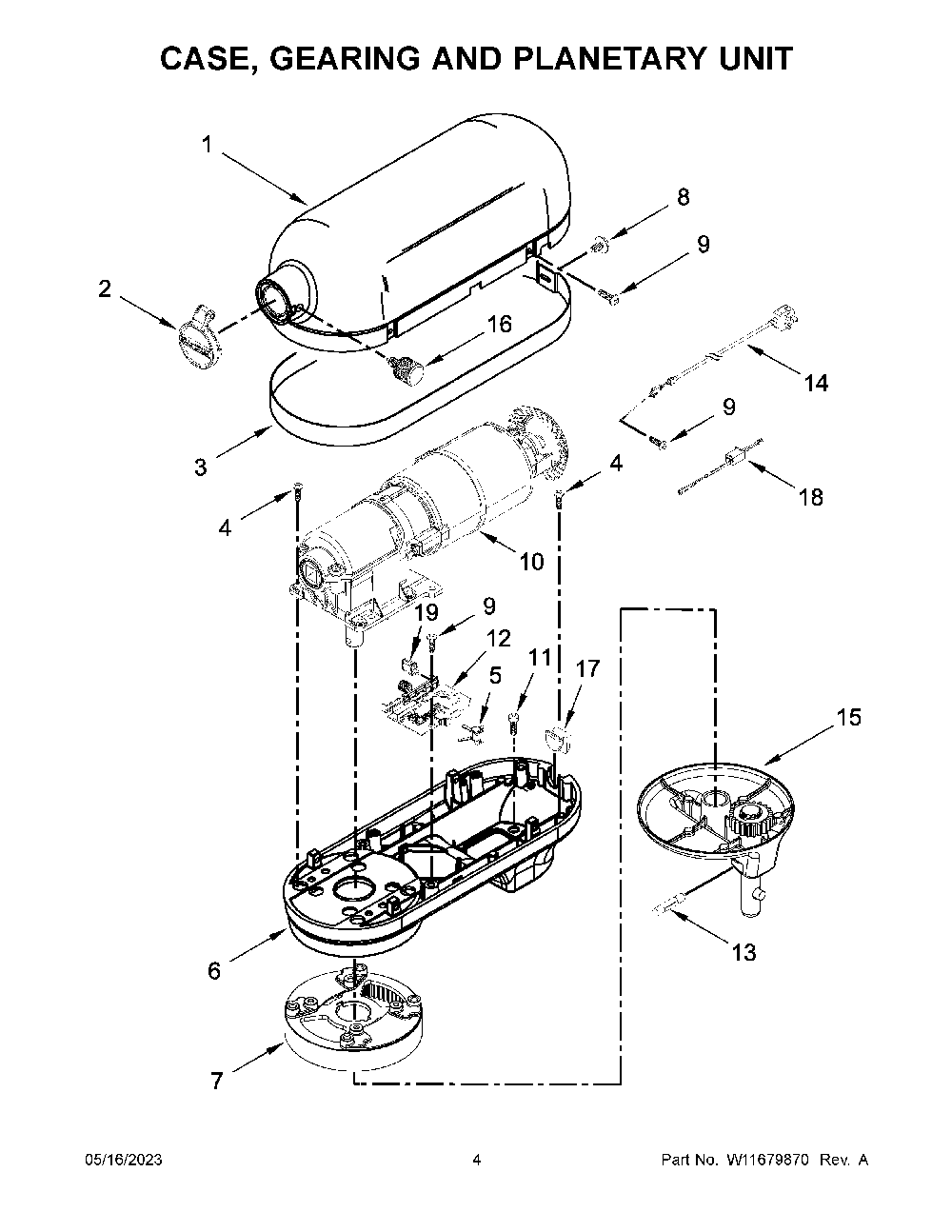 Case, Gearing And Planetary Unit Diagram and Parts List for 9KSM7990WH1  KitchenAid Mixer
