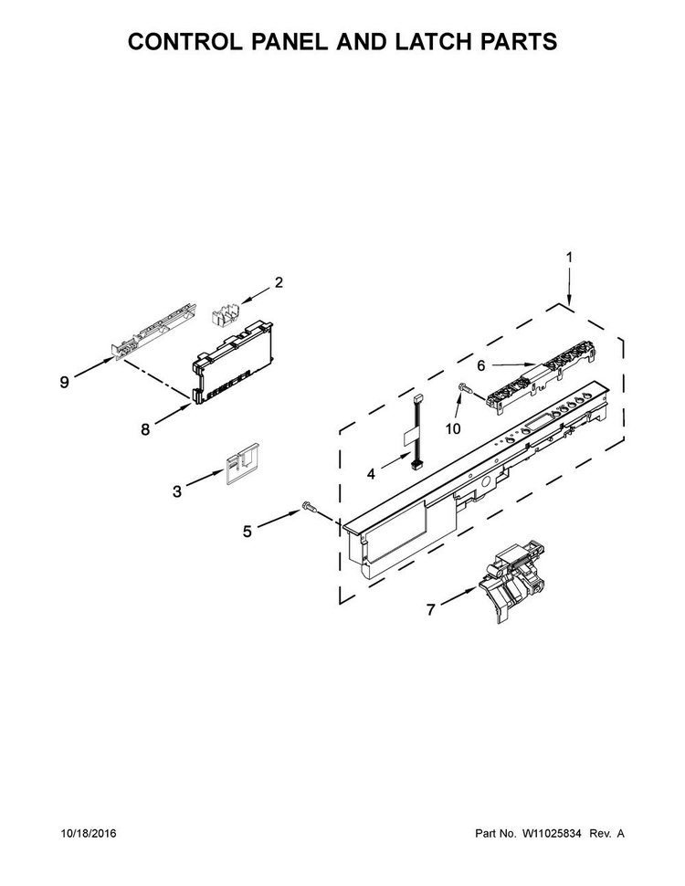 Control Panel And Latch Parts Diagram and Parts List for WDT920SADM3  Whirlpool Dishwasher
