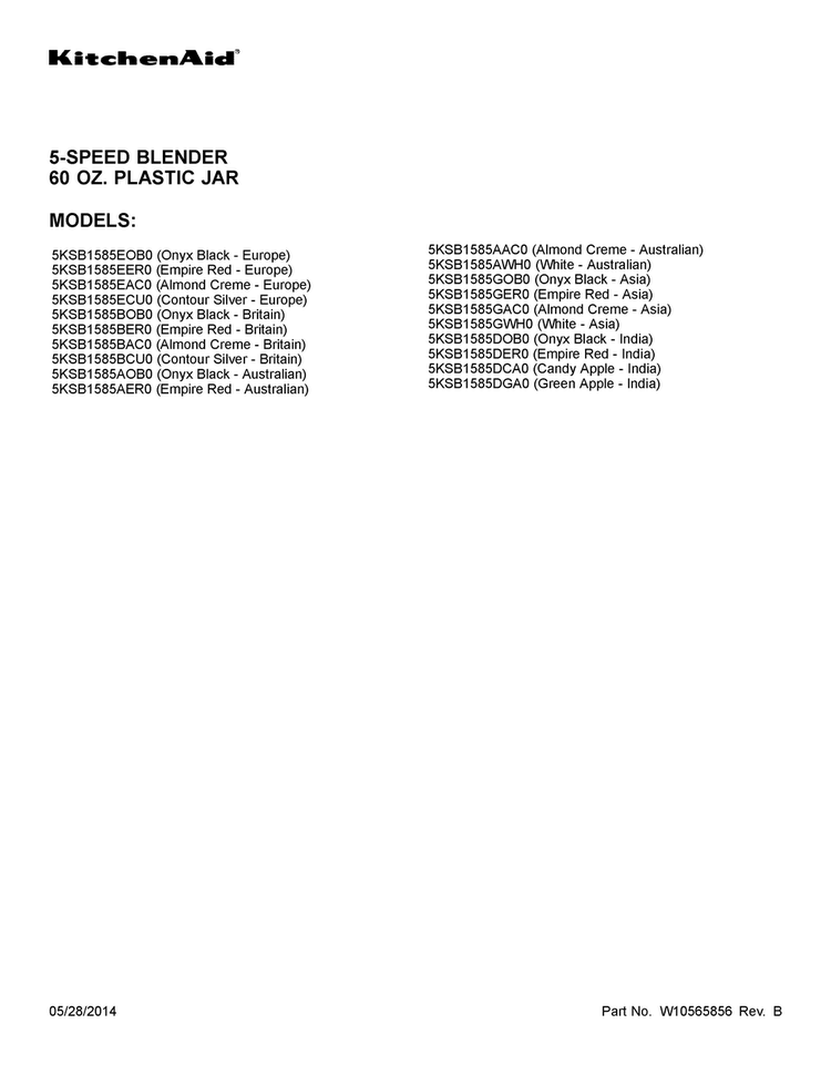 Cover Sheet Diagram and Parts List for 5KSB1585GAC0  KitchenAid Blender