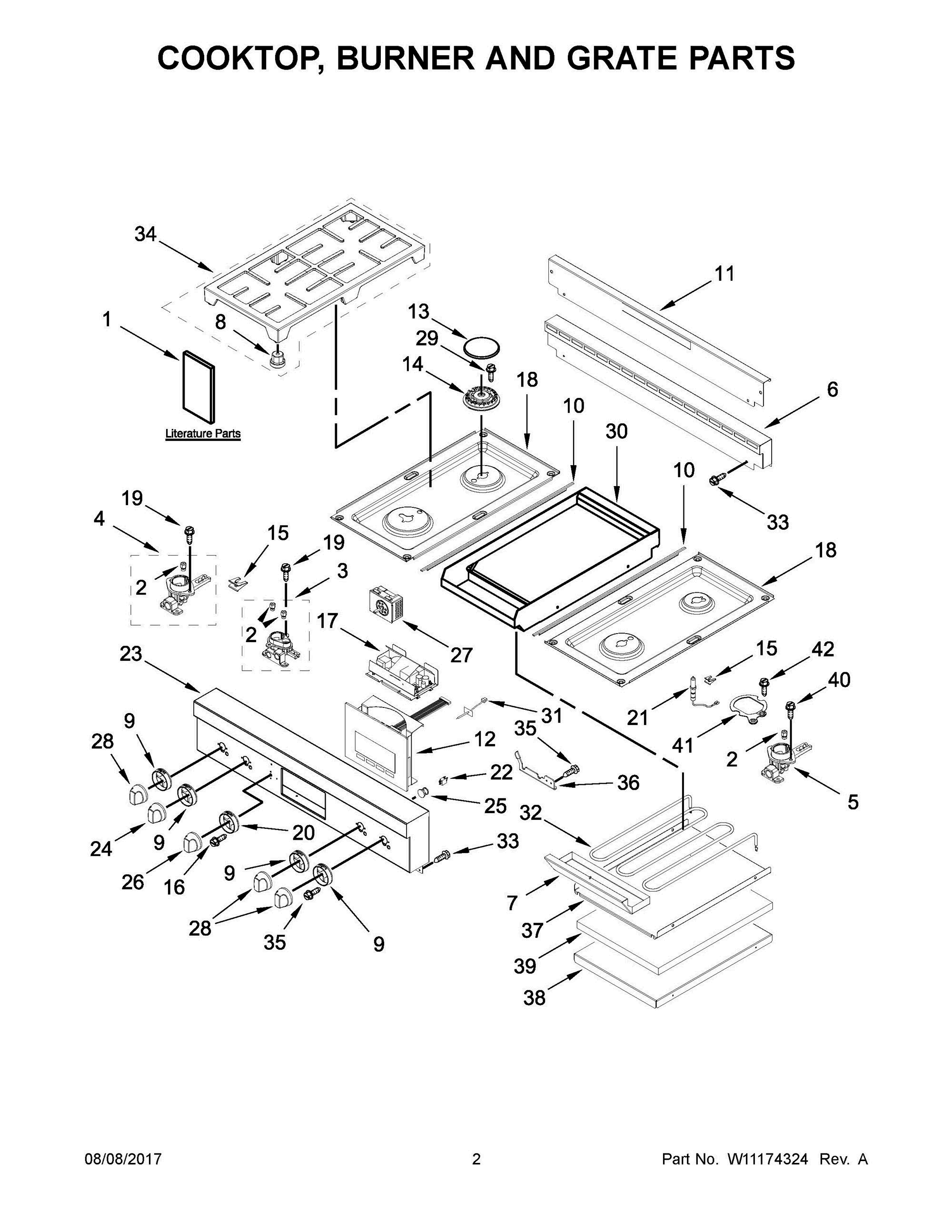 02 - COOKTOP, BURNER AND GRATE PARTS Diagram and Parts List for JLRP536WP01  Whirlpool Range