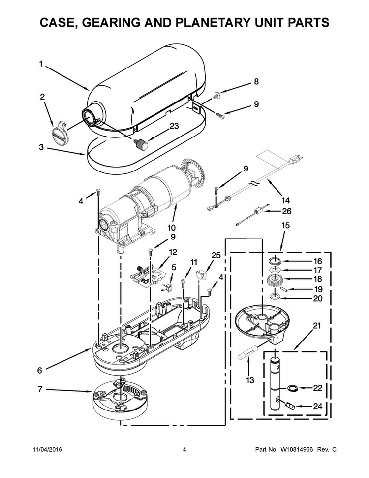 Case, Gearing And Planetary Unit Parts Diagram and Parts List for 5KSMC895ZSM0  KitchenAid Mixer
