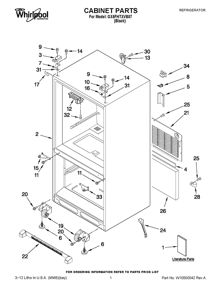 CABINET PARTS Diagram and Parts List for GX5FHTXVB07  Whirlpool Refrigerator