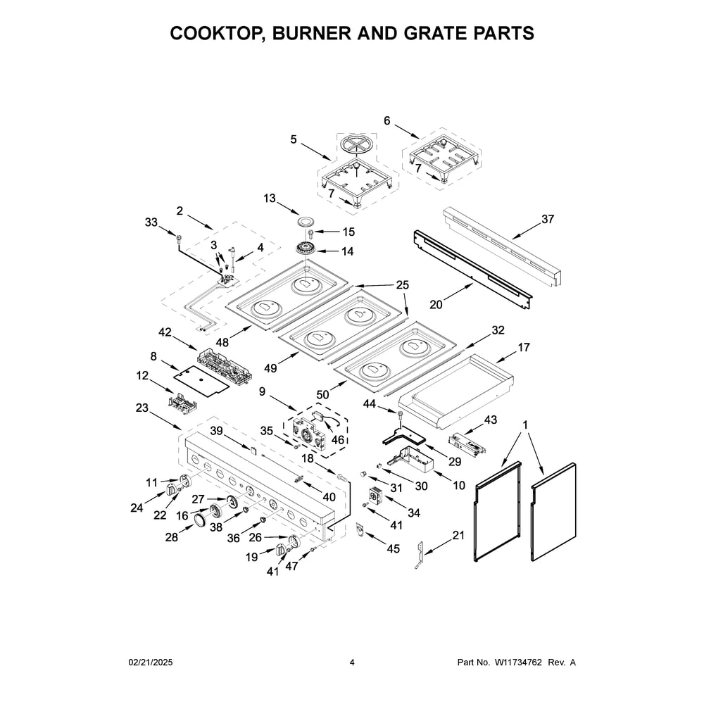 Cooktop, Burner And Grate Parts Diagram and Parts List for KFGC558JAV07  KitchenAid Range