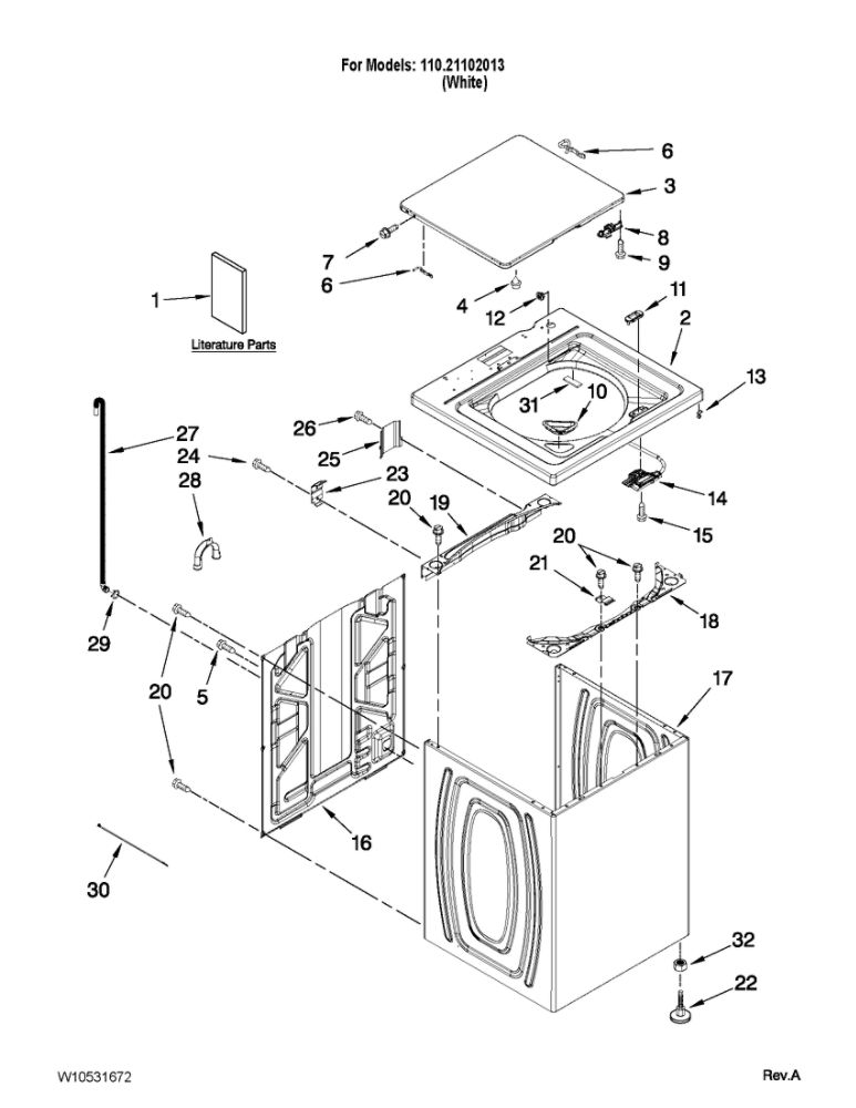 Top And Cabinet Parts Diagram and Parts List for 11021102013  Kenmore Washer
