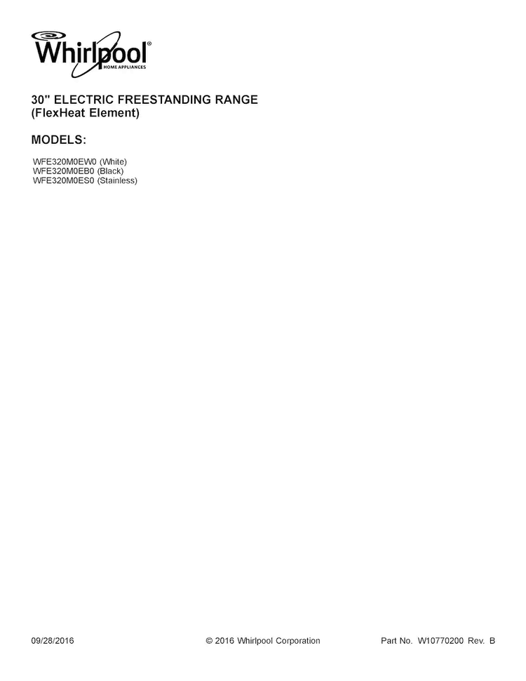 Cover Sheet Diagram and Parts List for WFE320M0EB0  Whirlpool Range
