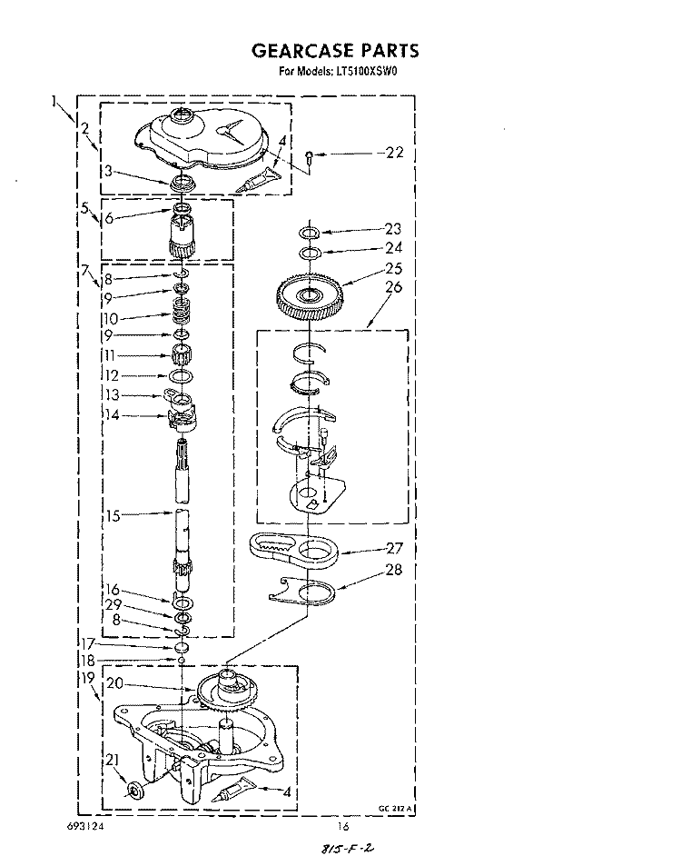 GEARCASE Diagram and Parts List for LT5100XSW0  Whirlpool Washer Dryer Combo