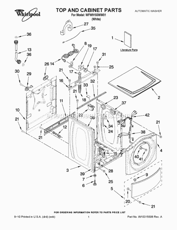 Top And Cabinet Parts Diagram and Parts List for WFW9150WW01  Whirlpool Washer