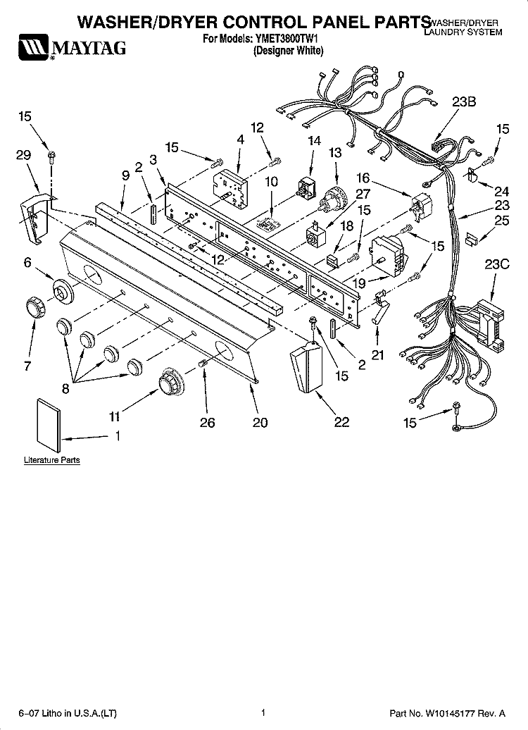WASHER/DRYER CONTROL PANEL PARTS Diagram and Parts List for YMET3800TW1  Whirlpool Washer Dryer Combo