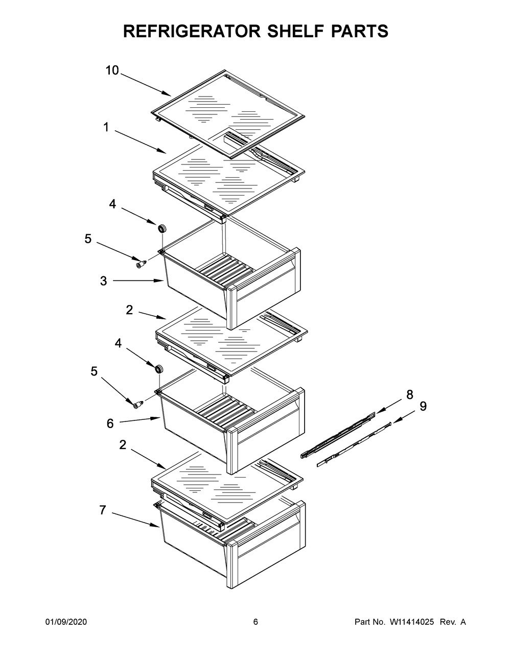 Refrigerator Shelf Parts Diagram and Parts List for WRS973CIHZ00  Whirlpool Refrigerator