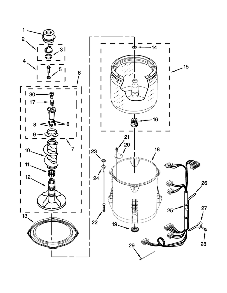 Basket And Tub Parts Diagram and Parts List for 11020112311  Kenmore Washer