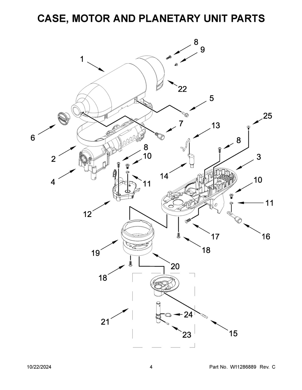 03 - Case, Motor And Planetary Unit Parts Diagram and Parts List for KSM3306QER0  Whirlpool Mixer