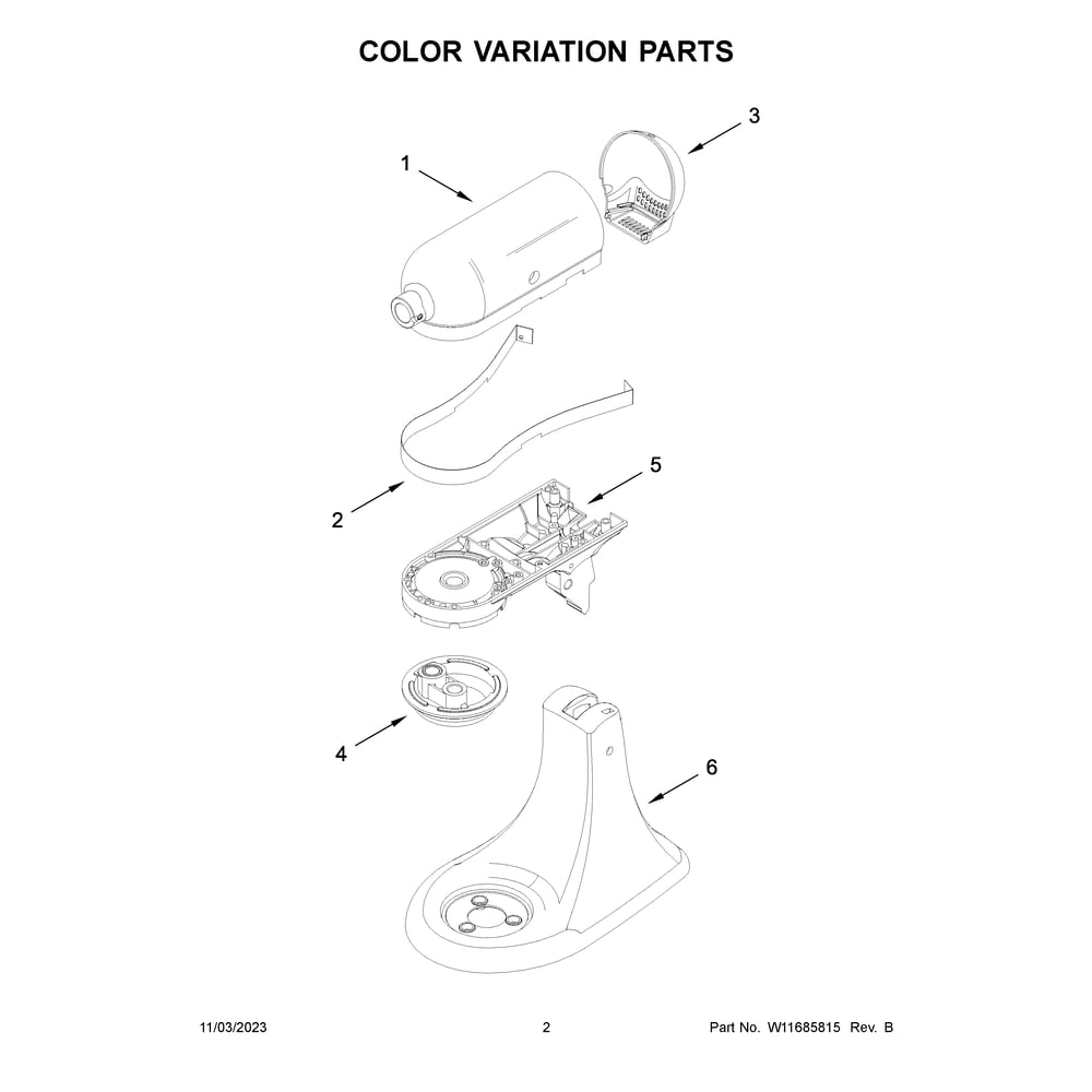 Color Variation Parts Diagram and Parts List for 5KSM175PSBBK5  KitchenAid Mixer