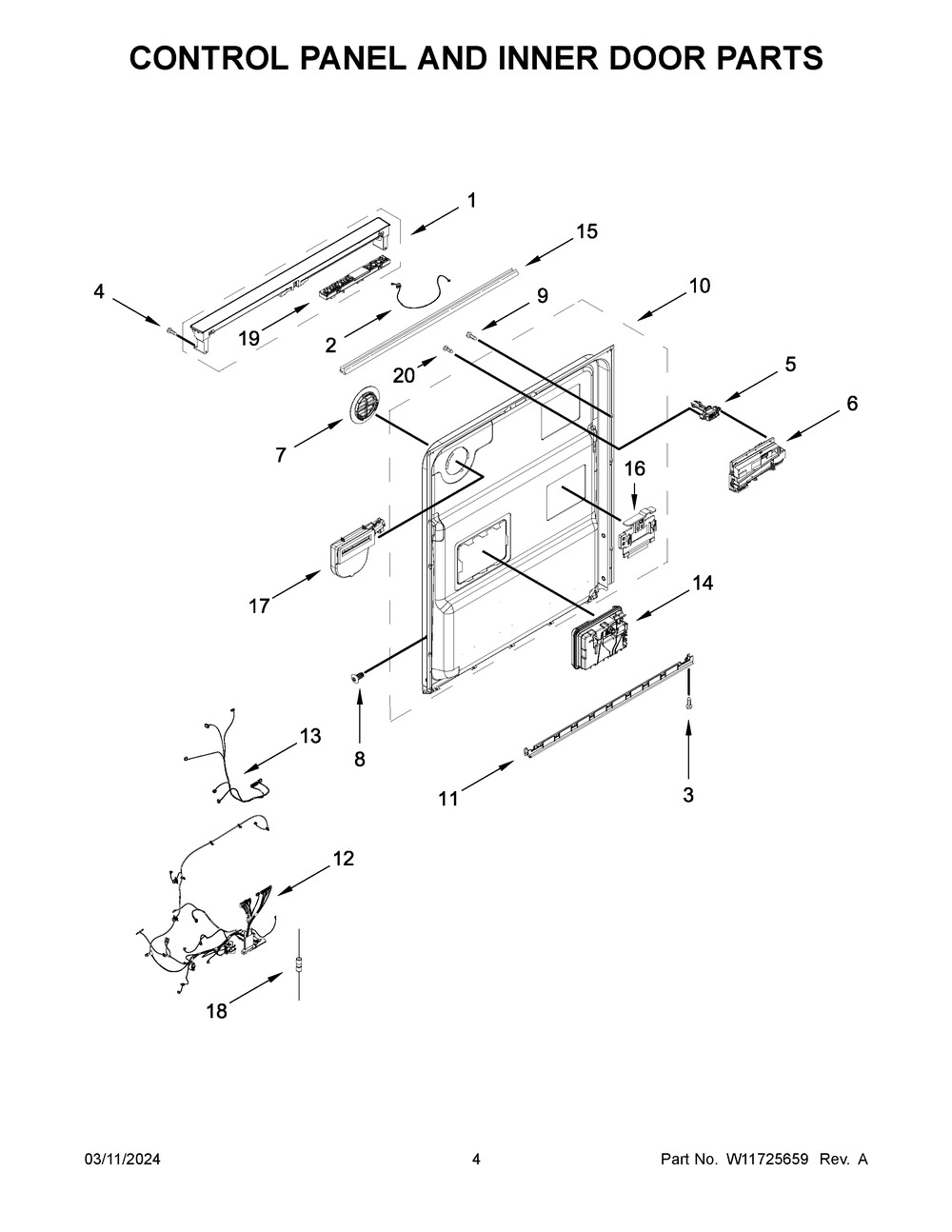 Control Panel And Inner Door Parts Diagram and Parts List for WDT750SAKB3  Whirlpool Dishwasher