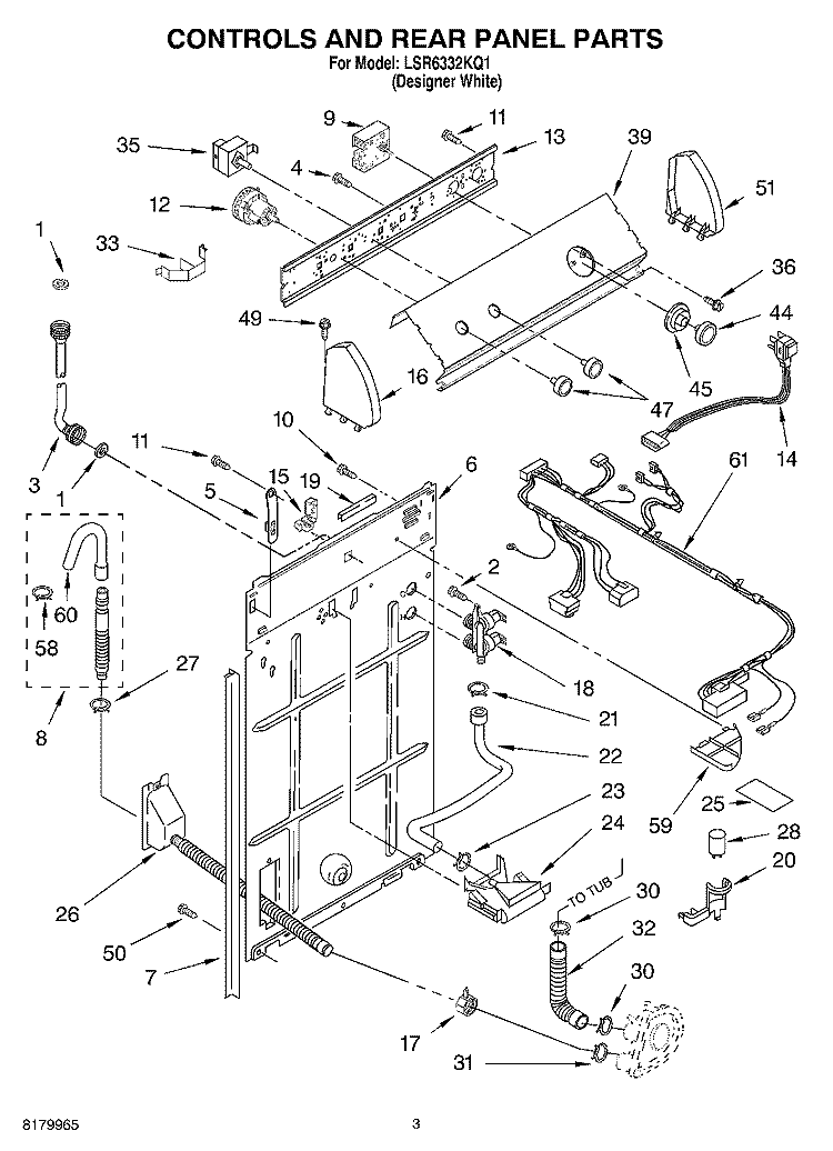CONTROLS AND REAR PANEL PARTS Diagram and Parts List for LSR6332KQ1  Whirlpool Washer