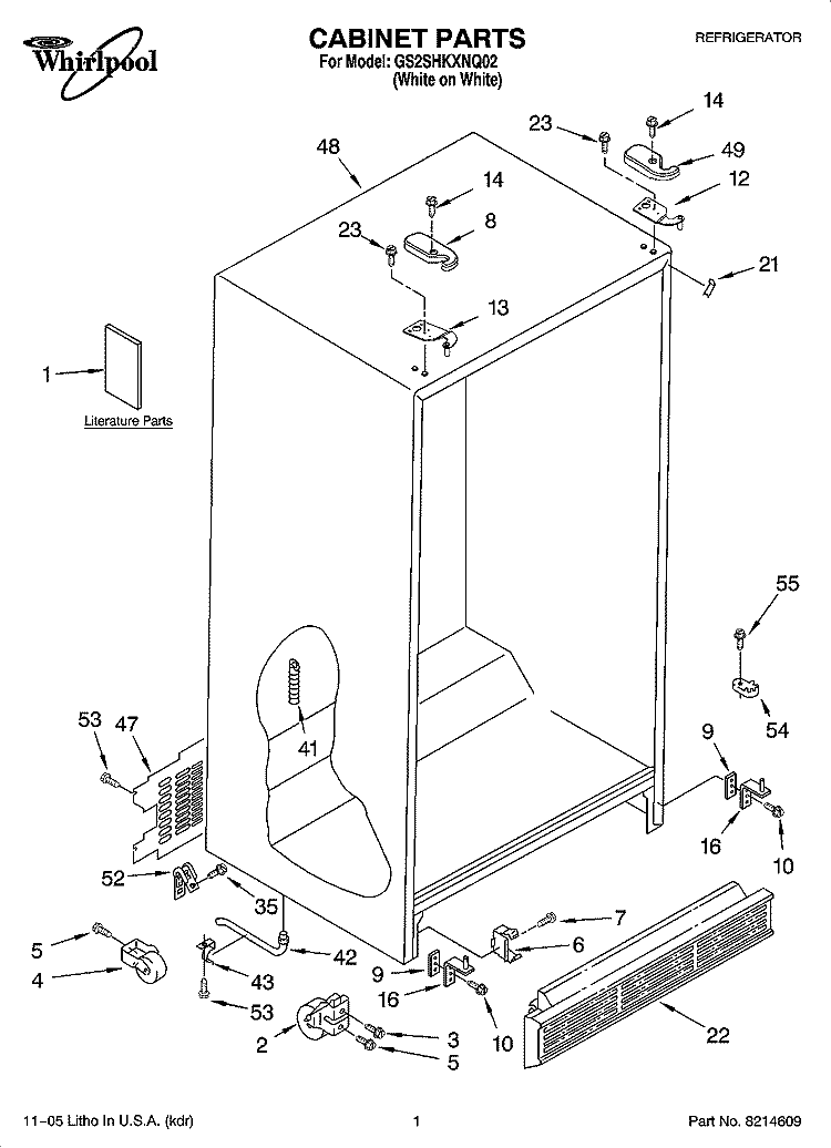 CABINET PARTS Diagram and Parts List for GS2SHKXNQ02  Whirlpool Refrigerator