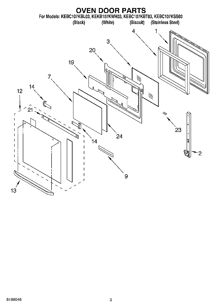 OVEN DOOR PARTS Diagram and Parts List for KEKB107KWH03  KitchenAid Wall Oven
