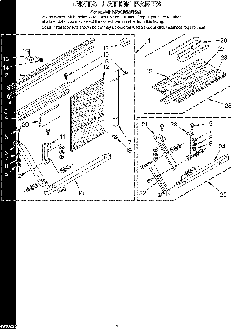 INSTALLATION Diagram and Parts List for BPAC2530ES0  KitchenAid Air Conditioner