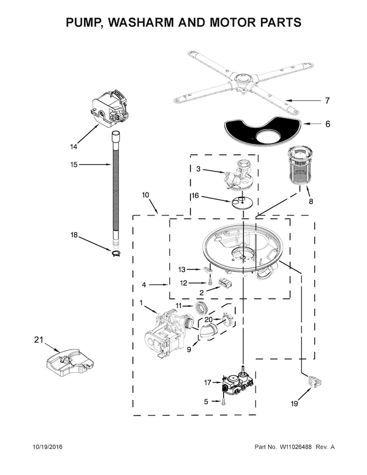 Pump, Washarm And Motor Parts Diagram and Parts List for KDTE204EBL3  KitchenAid Dishwasher