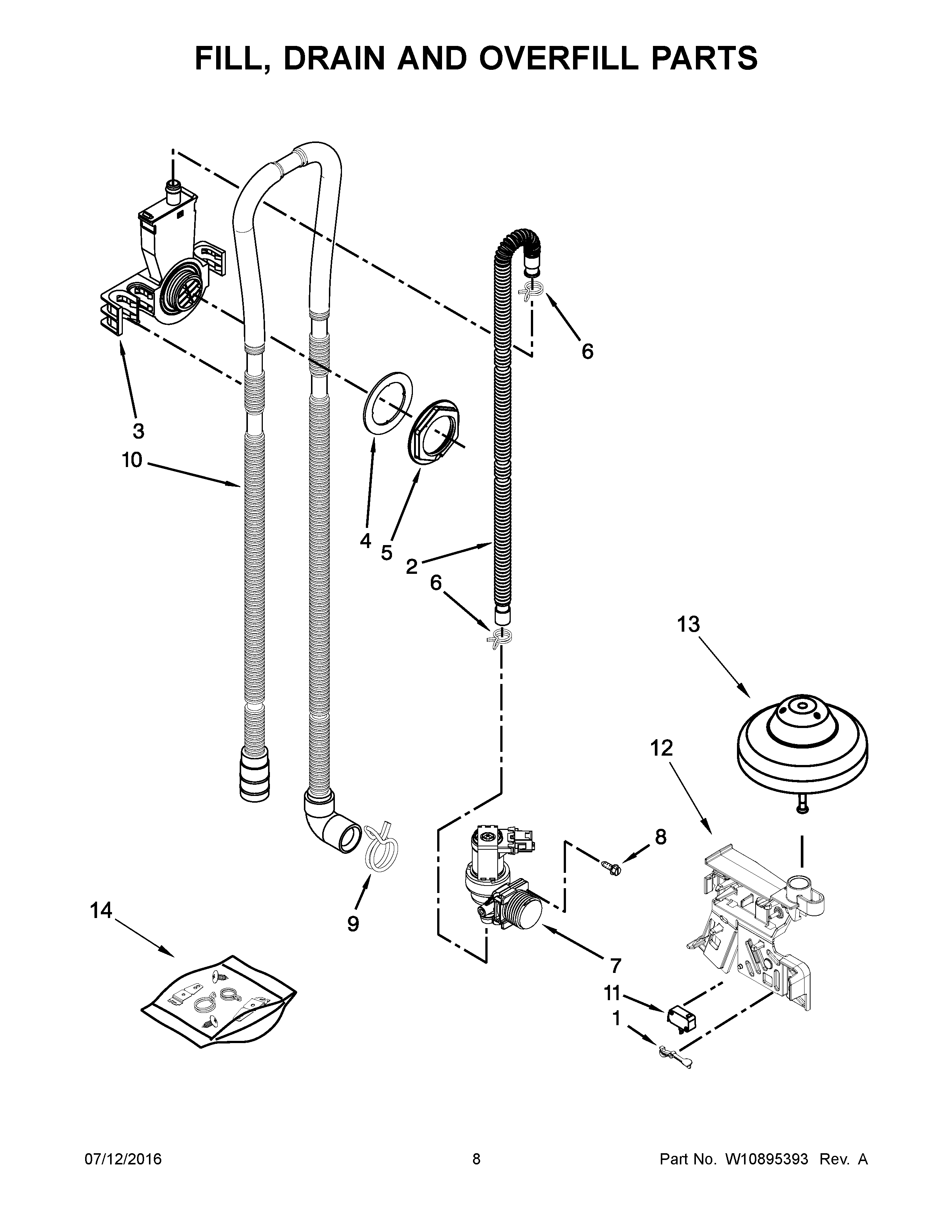 Fill, Drain And Overfill Parts Diagram and Parts List for 66514422N511  Kenmore Dishwasher