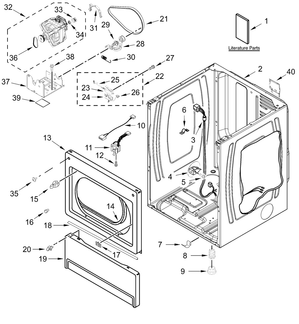 Lower Cabinet And Front Panel Parts Diagram and Parts List for MLE27PDFZW0  Whirlpool Dryer