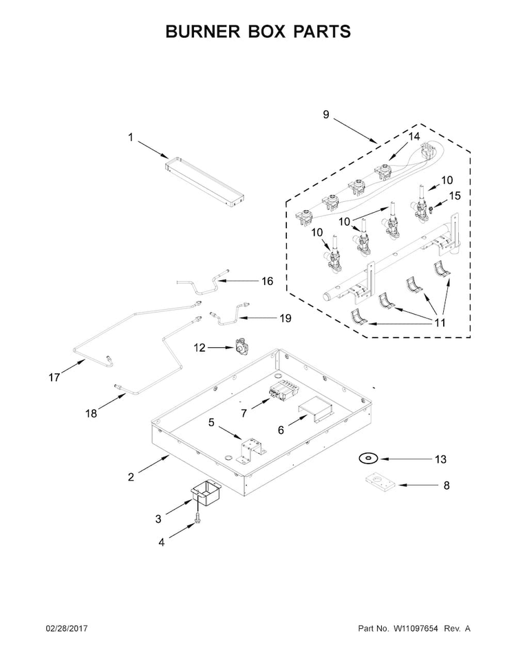 Burner Box Parts Diagram and Parts List for KCGD500GSS00  KitchenAid Cooktop