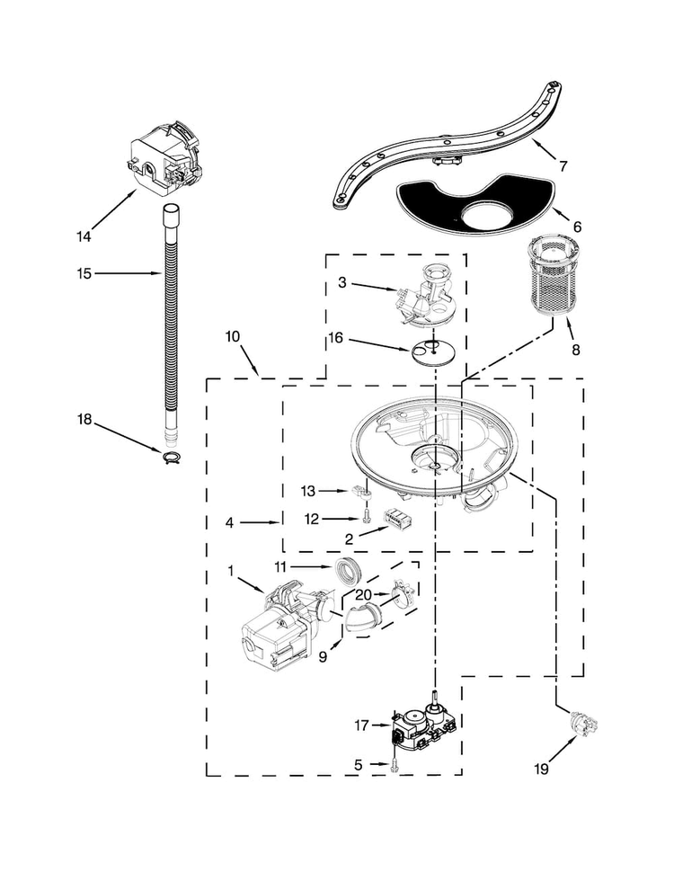 Pump, Washarm And Motor Parts Diagram and Parts List for KDTE554CSS3  KitchenAid Dishwasher