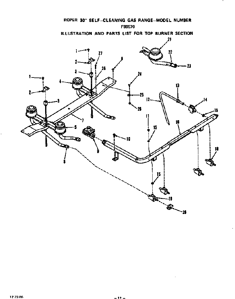 Top Burner Diagram and Parts List for F8957*0  Roper Range