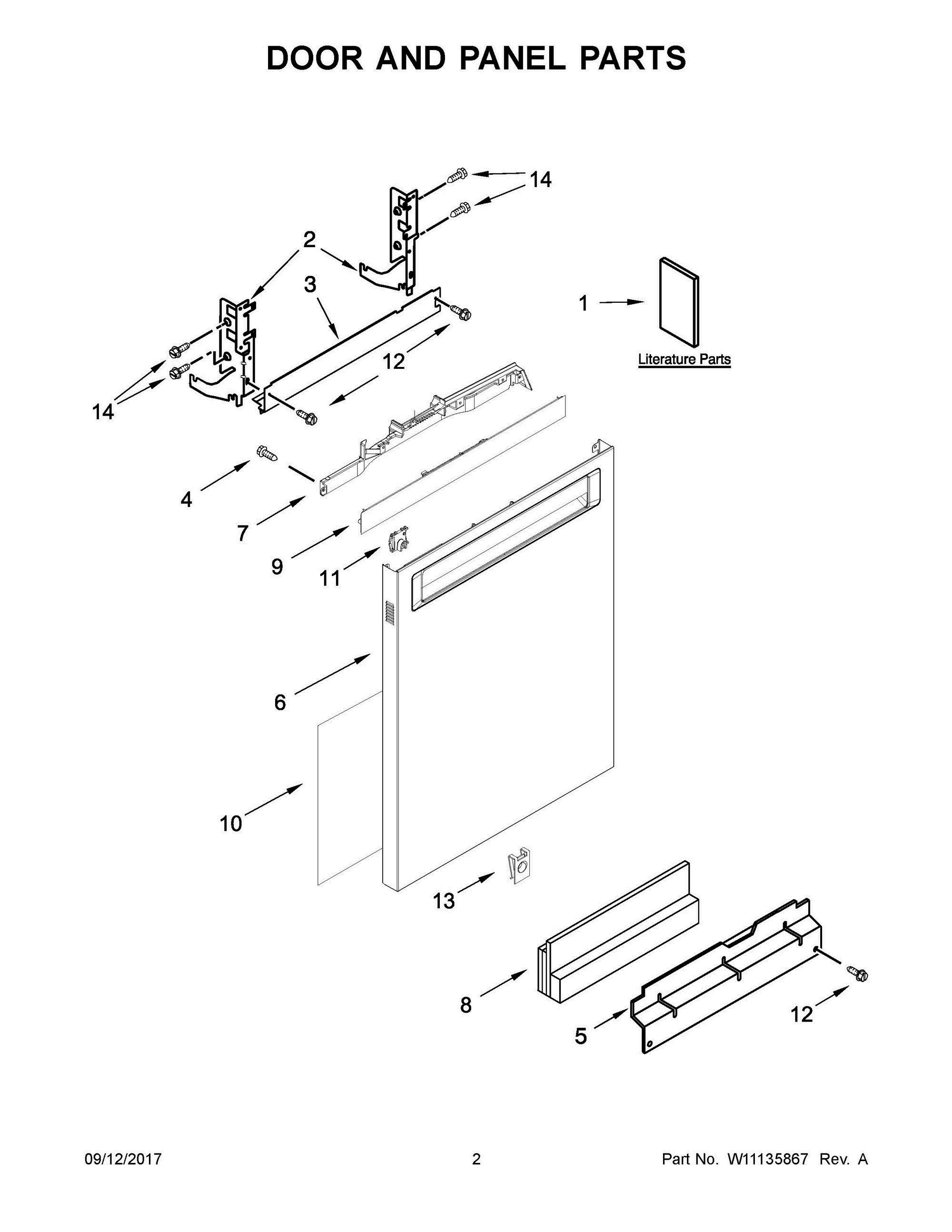 02 - DOOR AND PANEL PARTS Diagram and Parts List for KDPE334GBS0  Whirlpool Dishwasher