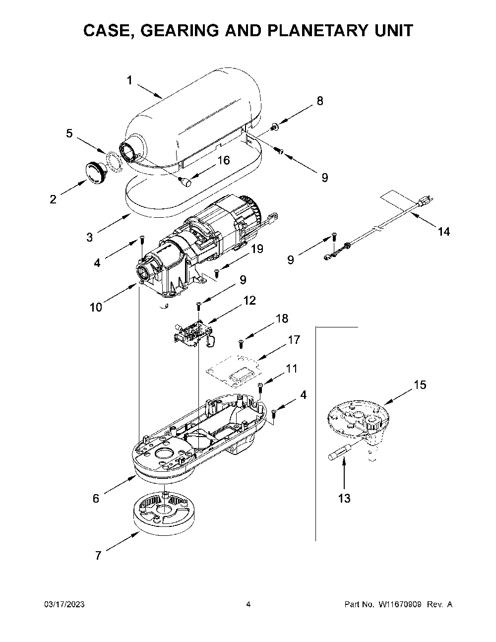 Case, Gearing And Planetary Unit Diagram and Parts List for KSM70SKXXCA0  KitchenAid Mixer