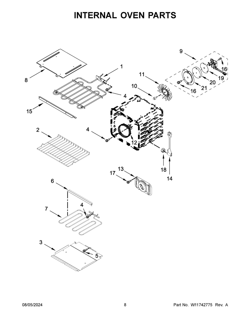 05 - Internal Oven Parts Diagram and Parts List for KOEC430RSS00  Whirlpool Microwave Oven Combo