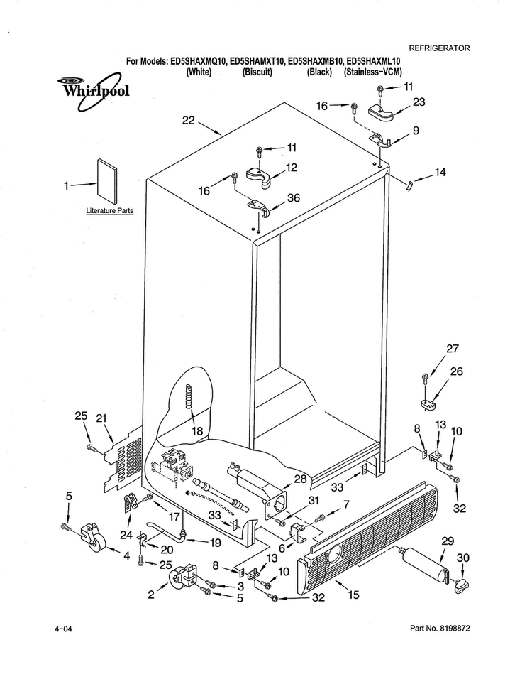 Cabinet Diagram and Parts List for ED5SHEXML10  Whirlpool Refrigerator