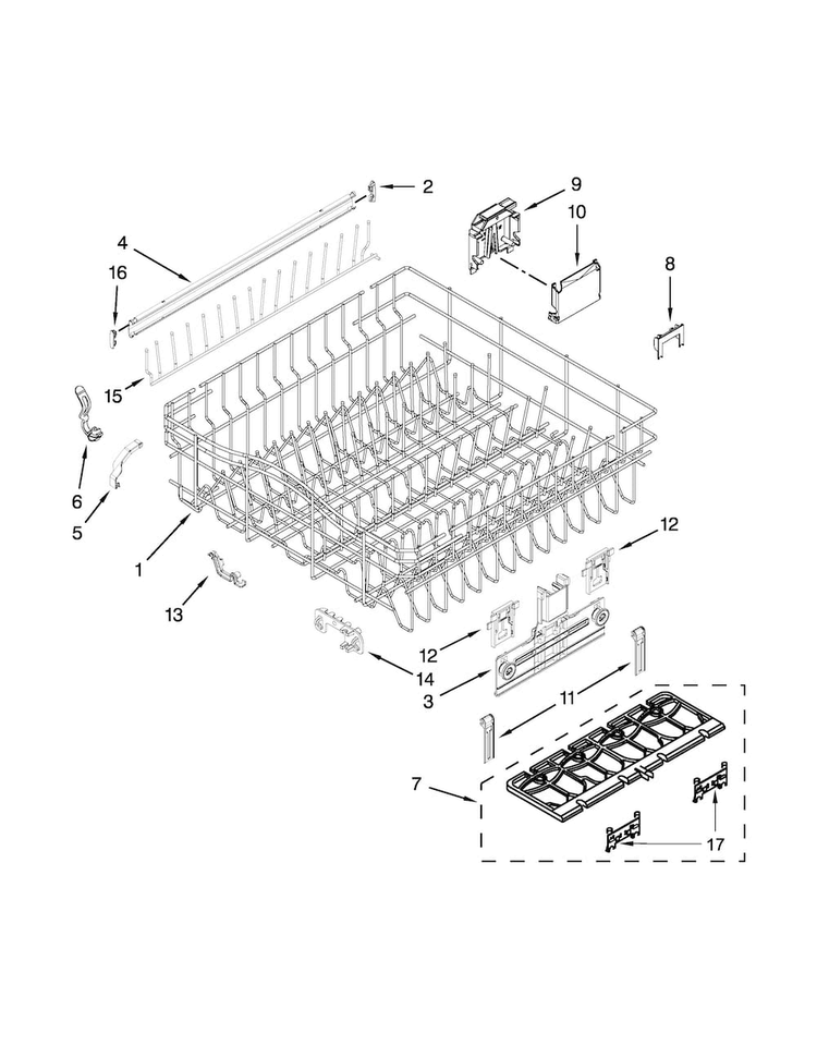 Upper Rack And Track Parts Diagram and Parts List for WDT910SSYB3  Whirlpool Dishwasher