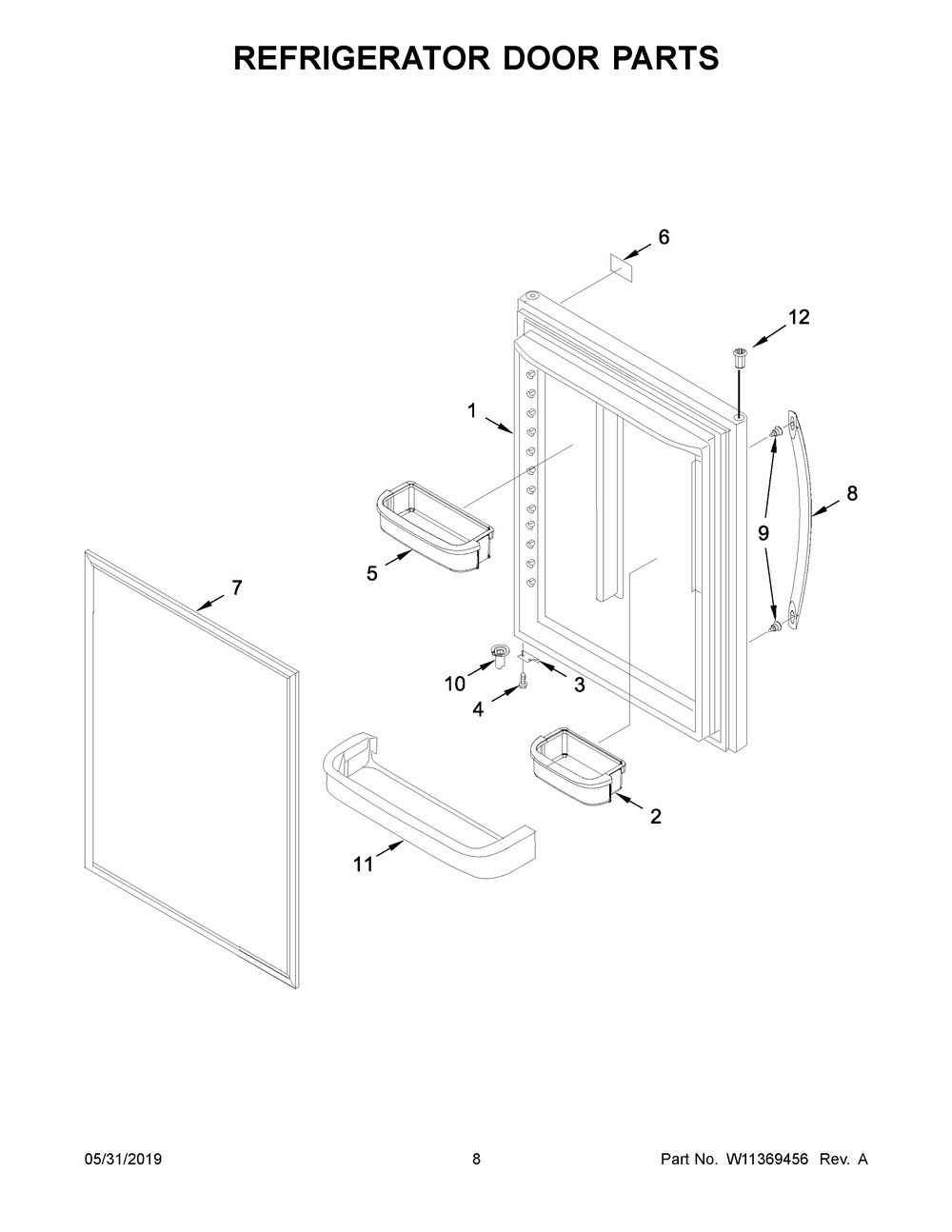 Refrigerator Door Parts Diagram and Parts List for WRB329RFBM01  Whirlpool Refrigerator