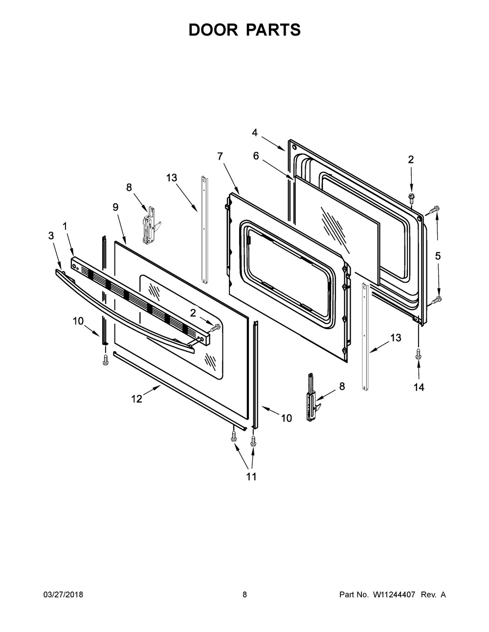 Door Parts Diagram and Parts List for YIES350XW4  Whirlpool Range
