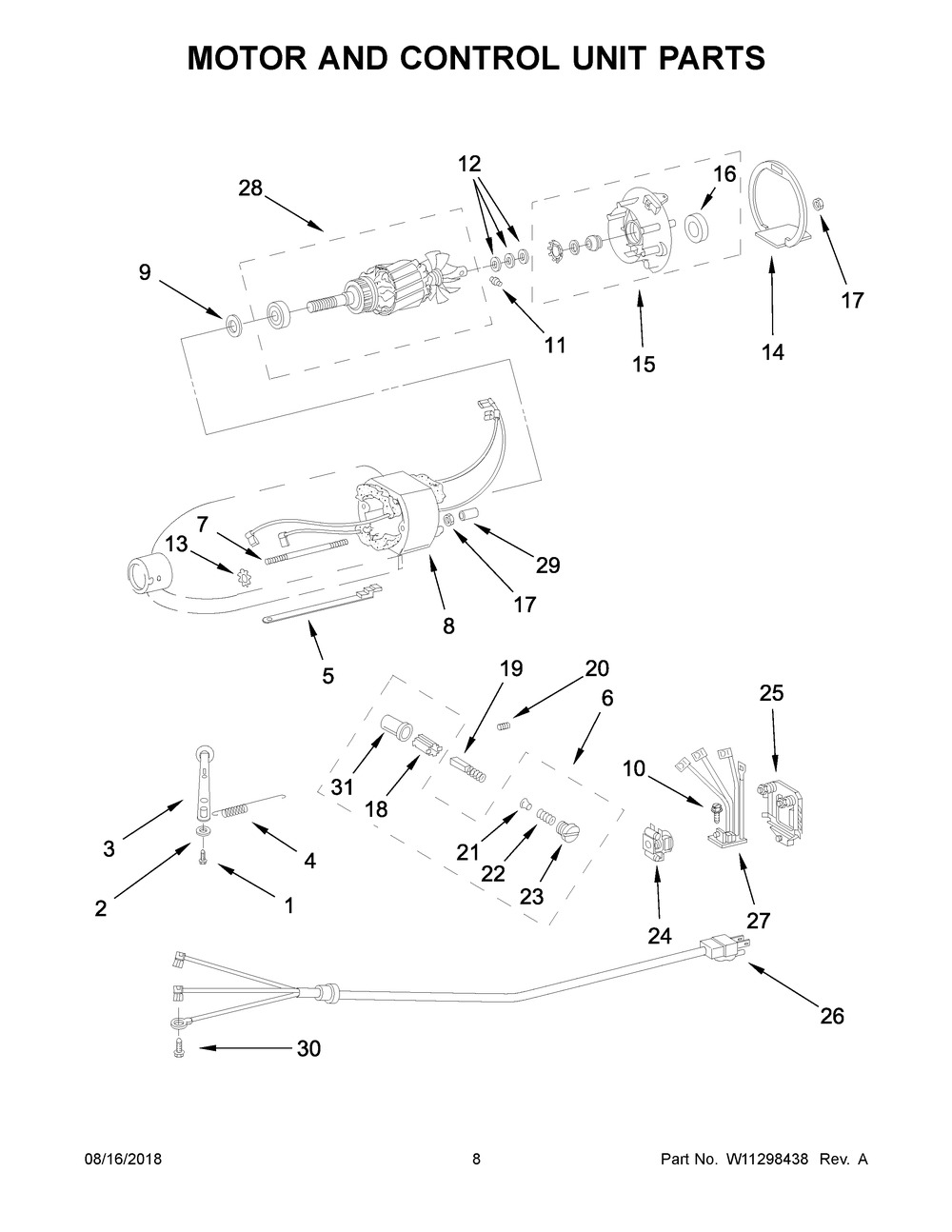 Motor And Control Unit Parts Diagram and Parts List for 5KSM45BAQ4  Whirlpool Mixer