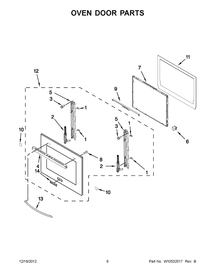 OVEN DOOR PARTS Diagram and Parts List for KEBS279BWH00  KitchenAid Wall Oven