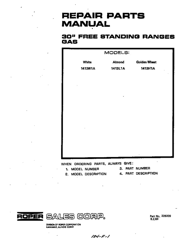 Front Cover Diagram and Parts List for 1413*1A  Roper Range