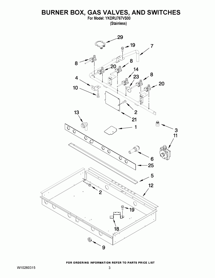 BURNER BOX, GAS VALVES, AND SWITCHES Diagram and Parts List for YKDRU767VS00  KitchenAid Range