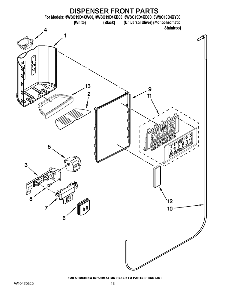 DISPENSER FRONT PARTS Diagram and Parts List for 3WSC19D4XB00  Whirlpool Refrigerator